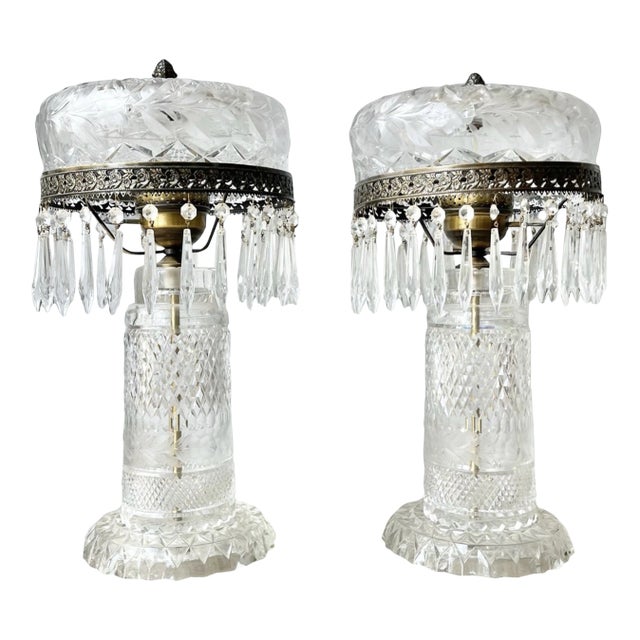 Large Vintage American Brilliant Cut Flower Crystal Mushroom Parlor Lamps For Sale