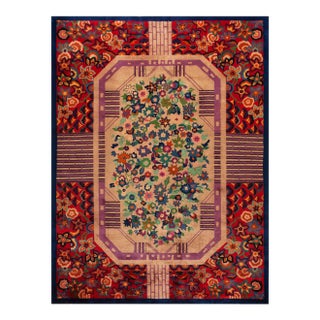 1920s Tan Camel Floral Antique Chinese Art Deco Rug 8' 9" X 11' 6" Handknotted Wool Carpet For Sale