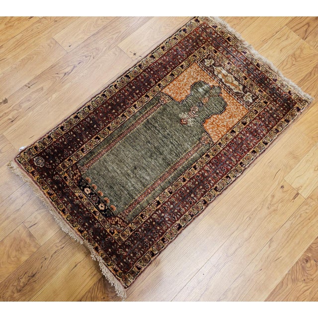 Brown Vintage Turkish Hereke Prayer Rug, Green and Brick Red, Early 1900s, 2' x 3' For Sale - Image 8 of 16
