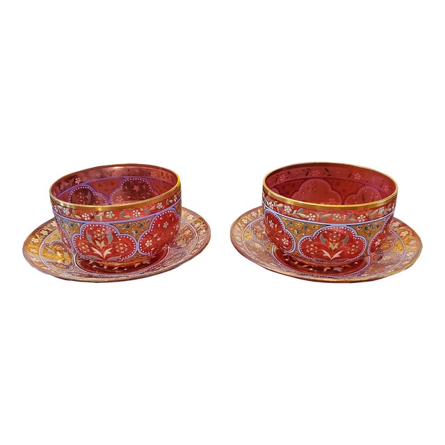 Set of 4 Antique Bohemian Glass Moser Ruby Color Bowls with Underplate For Sale