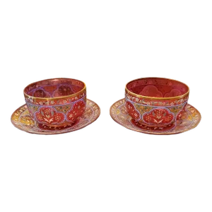Set of 4 Antique Bohemian Glass Moser Ruby Color Bowls with Underplate