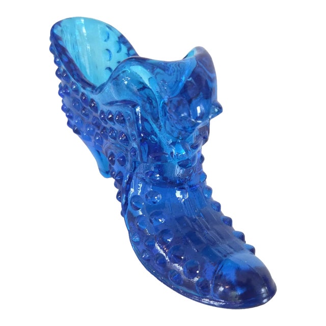 Vintage Fenton Colonial Blue Hobnail Cat Head Slipper Art Glass Figurine For Sale
