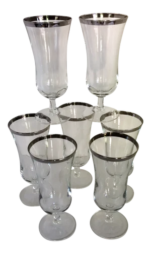Vintage French Crystal Platinum Rim Cocktail Glasses - Set of 7