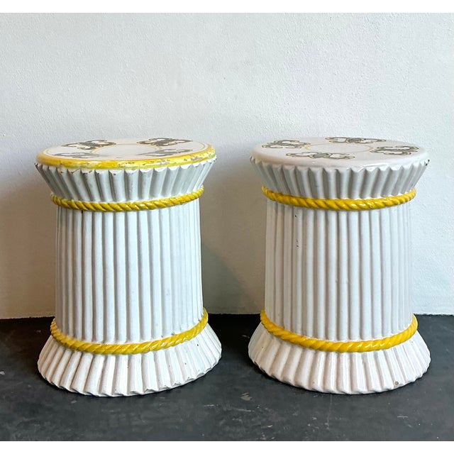 Vintage Spanish Hand Painted Ceramic Low Stools - Set of 2 For Sale - Image 12 of 12