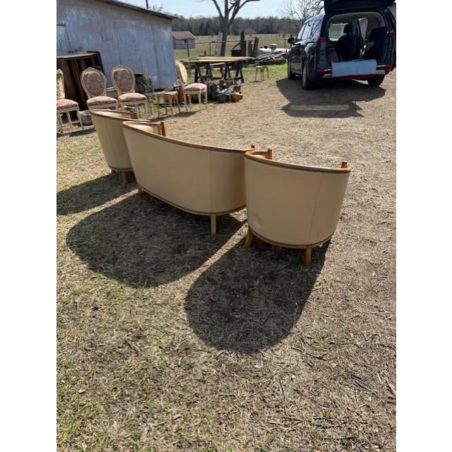 1940s French Art Deco Leather Solid Mahogany Barrel Back Club Chairs and Settees - A Set of 3 Piece For Sale - Image 10 of 17