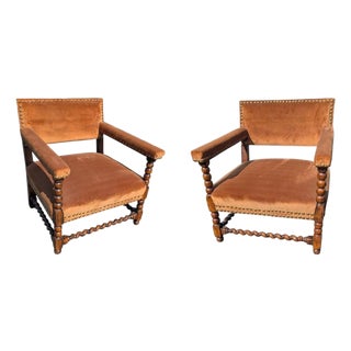 1980s Brown Velvet Armchair With Nailhead Trim Wooden Frame Accent Chair For Sale