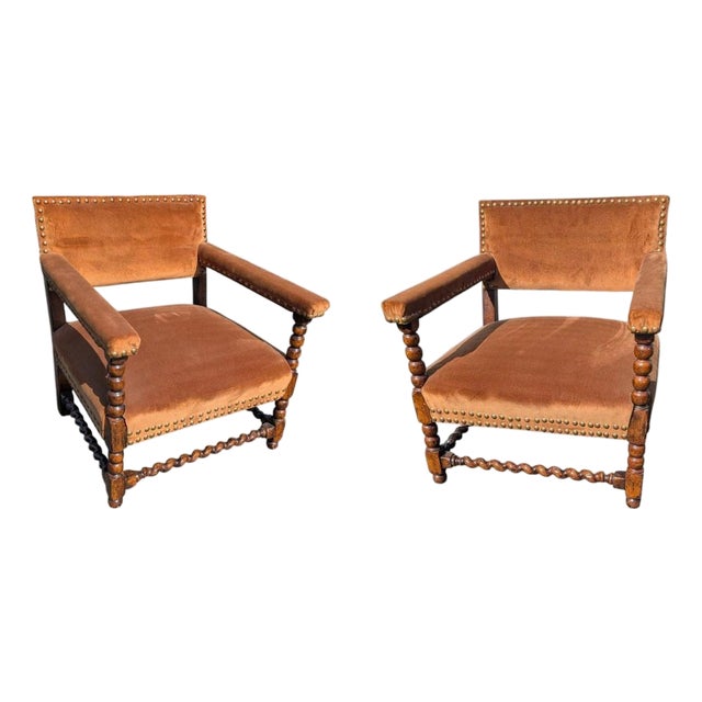 1980s Brown Velvet Armchair With Nailhead Trim Wooden Frame Accent Chair For Sale