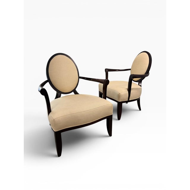 Modern Pair of Baker Furniture Upholstered Barrel Back Lounge Chairs With Oval Medallion Backs For Sale - Image 3 of 15