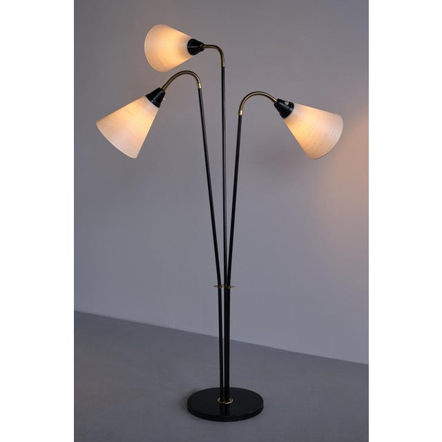 Black Modern Swedish Adjustable Three Arm Floor Lamp in Metal, Brass and Silk, 1950s For Sale - Image 8 of 15