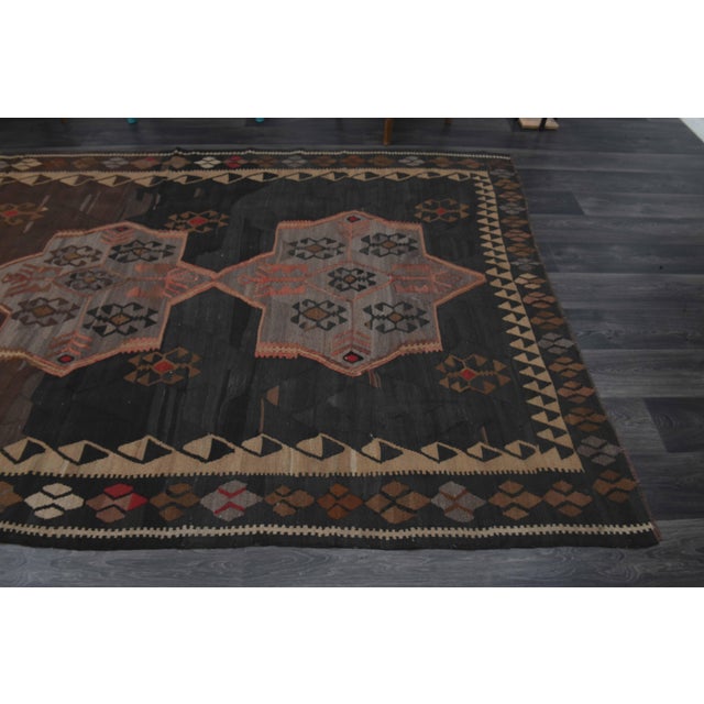 1970s Vintage Turkish Handmade Wool Cotton Brown Runner Rug For Sale - Image 9 of 11