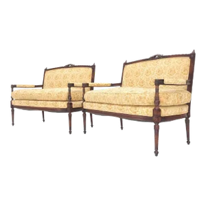 Antique Quality Carved Walnut & Gold Upholstery Sofas Love Seats - A Pair