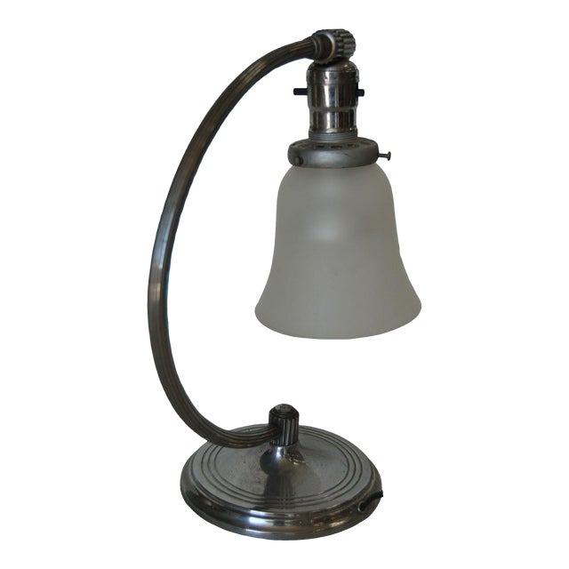 1930s Nickel Plated Accent Table Lamp With Frosted Bell Lamp Shade For Sale