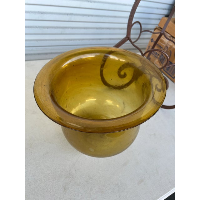 Hollywood Regency Vintage Cast Iron & Amber Glass Large Candle Holder or Planter For Sale - Image 3 of 10