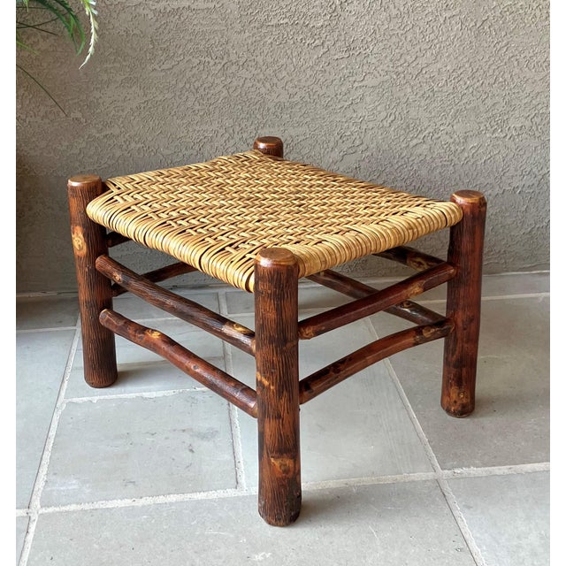 Wood Rustic Chic Mid 20th-Century Hickory Wood & Handwoven Double Twill Plaited Cane Bench For Sale - Image 7 of 18