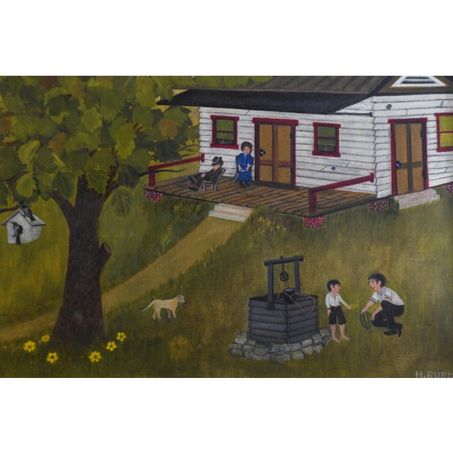 Charming bucolic country oil scene in the folk art style signed H. Burger and depicts people around a white wooden...