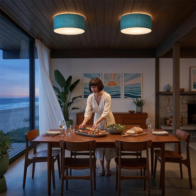 Featuring a vibrant turquoise linen shade, the Stretch Flush Mount is a modern ceiling light designed by the NOVA Design...