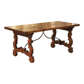 19th Century Spanish Carved Walnut Dining Trestle Table With Single Plank Top For Sale