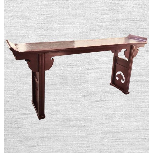 Wood Vintage Chinoiserie Regency Style Red Lacquer Altar Console Table With Gold Leaf Cutput Accents For Sale - Image 7 of 11