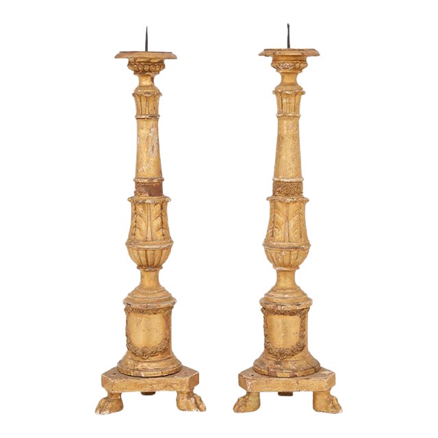 Pair of 19th Century Italian Neoclassical Giltwood Altar Sticks For Sale