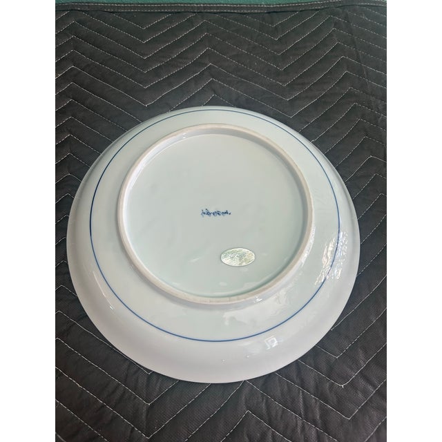 Japanese Vintage Toyo Japan Blue & White Porcelain Peacock Charger – 12” For Sale - Image 3 of 6