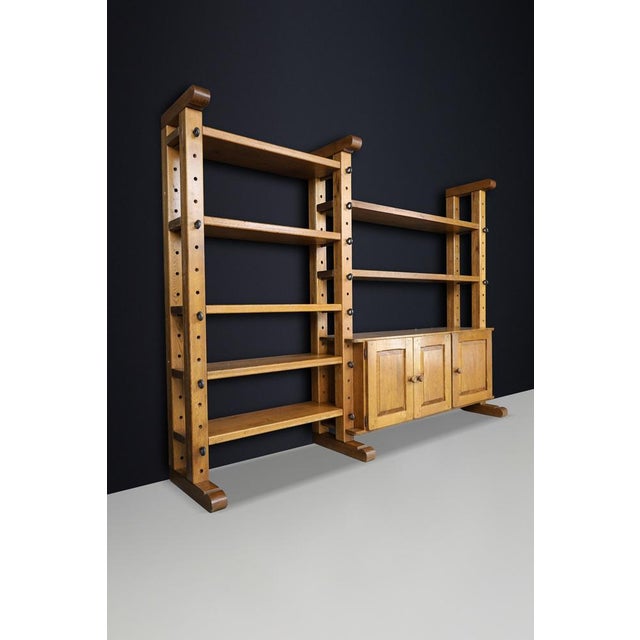Brutalist Large Brutalist Modular Shelving Unit in Oak with Metal Pegs and Cabinet, Belgium, 1960 For Sale - Image 3 of 17
