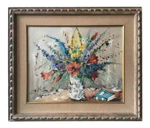 1950s Floral Painting Oil On Canvas