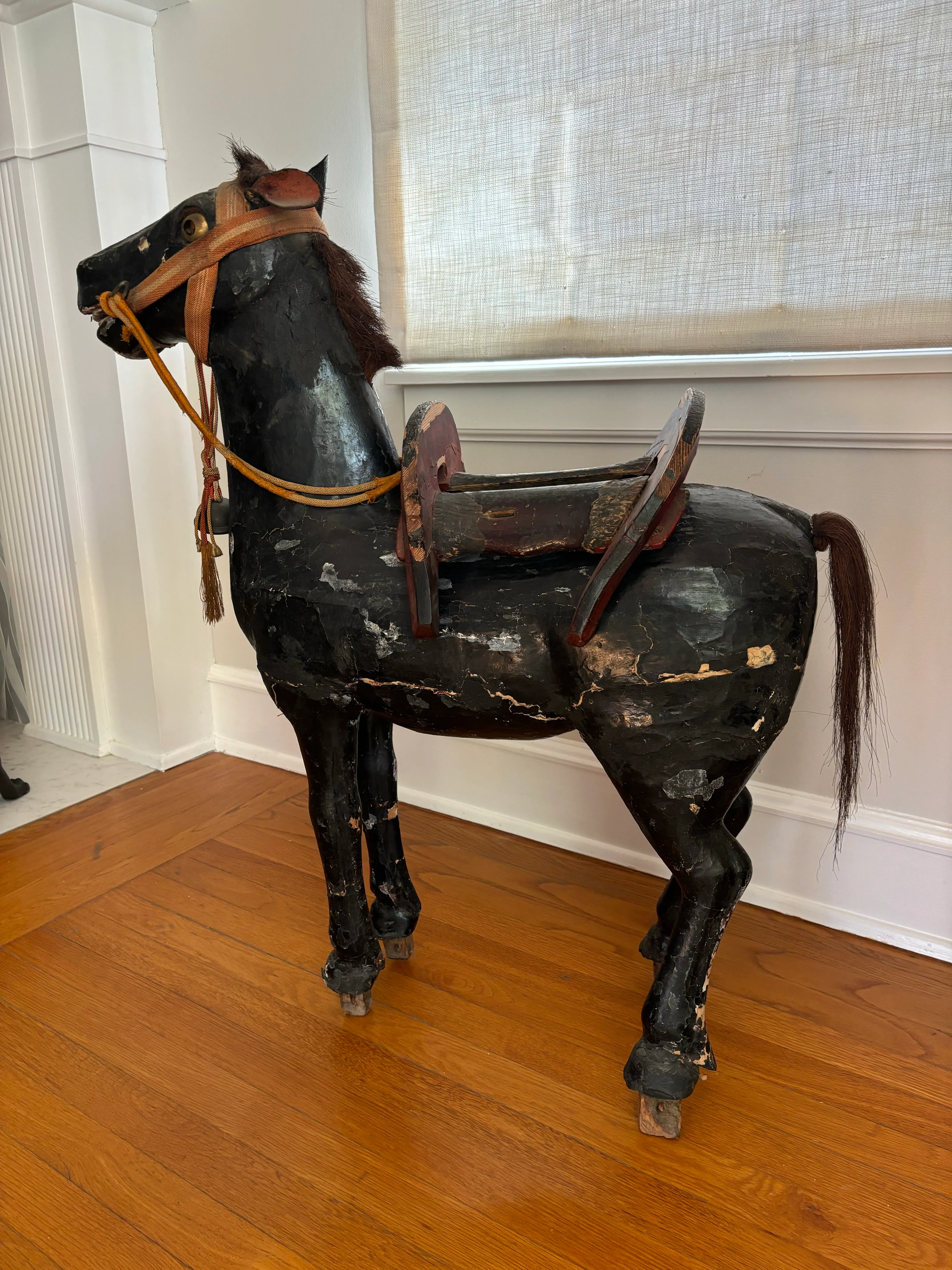 Early 20th Century Large Black Lacquer Japanese Model of a Horse