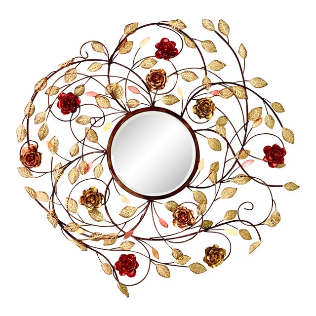 Early Sculptural Italian Florentine Tole “Sundial” Floral Wall Mirror – Skeleton Leaves & Roses, Hollywood Regency, Circa 1958–1965 For Sale