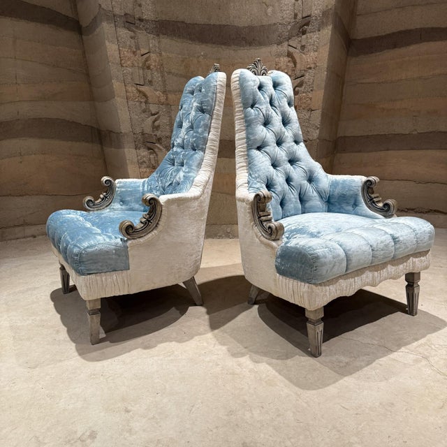 Arturo Pani French Hollywood Regency Original Pair Armchairs Tufted Blue White Velvet For Sale - Image 4 of 8