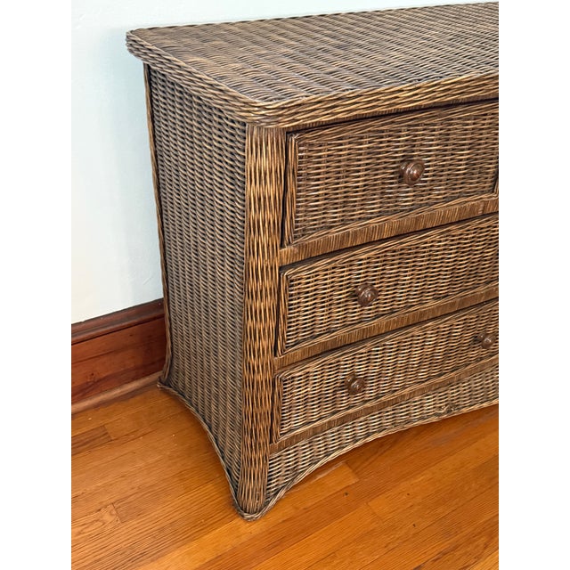 Late 20th Century Coastal Skirted Bow Front Wicker Rattan Seven Drawer Dresser For Sale - Image 9 of 14