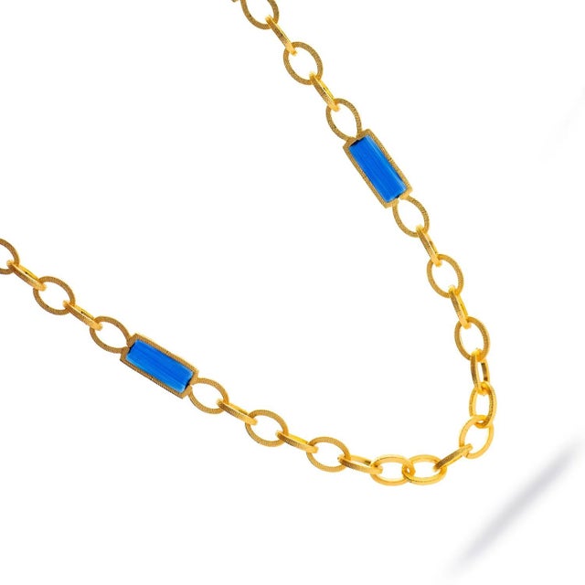 Early 21st Century Versatile Glow Blue Cat Eye Gold Long Necklace For Sale - Image 5 of 9