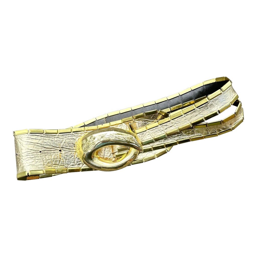 Vintage 80s Sipra handmade metallic Gold Brown leather metal trim statement Belt 80 main image 2