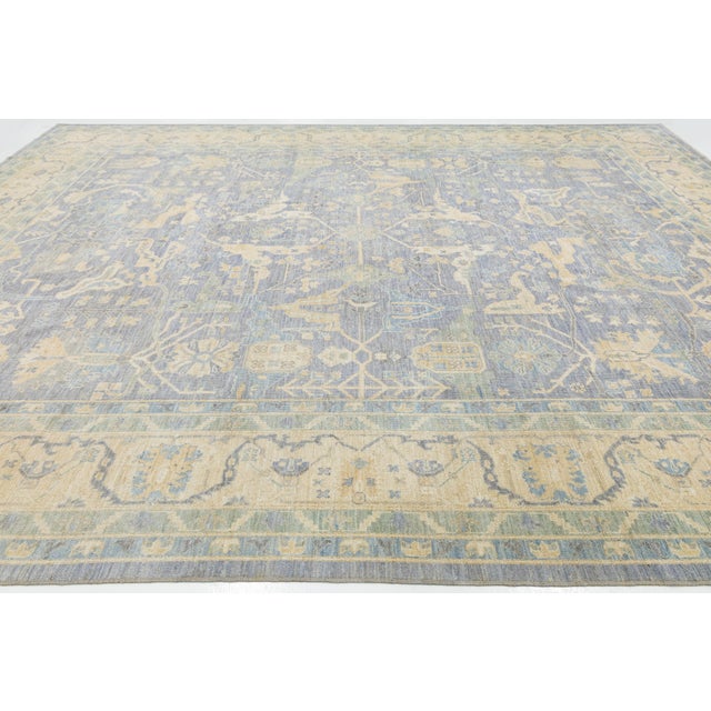Textile Contemporary Hand-Knotted Oushak-Style Wool Area Rug in Slate Blue and Cream For Sale - Image 7 of 12
