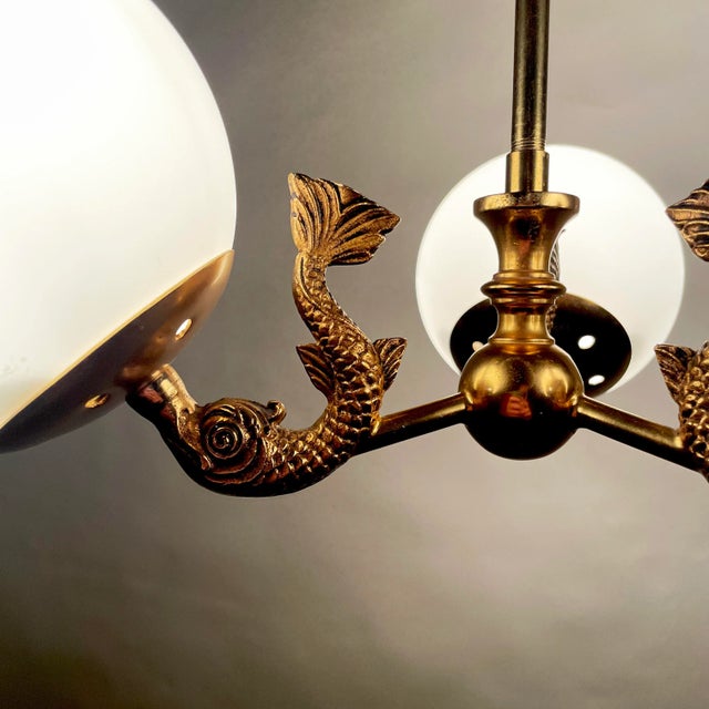 Metal French Brass Dolphin / Dauphin Sconces and Chandelier With Glass Shades For Sale - Image 7 of 11