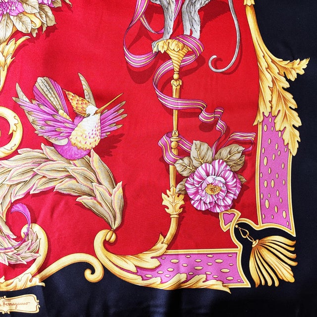 Framed Salvatore Ferragamo Silk Scarf, Exotic Birds & Monkeys, 37" X 37" Luxury Wall Art For Sale In West Palm - Image 6 of 6