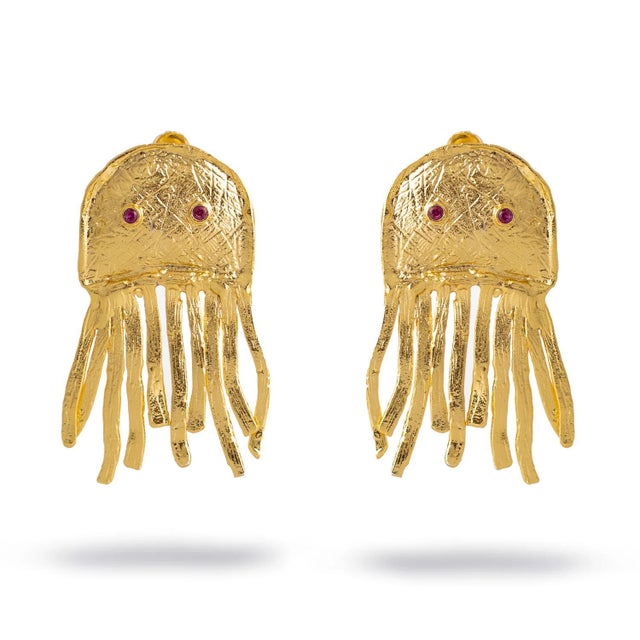 Gold Mystic Ruby-Eyed Jellyfish Gold Earrings, A Pair For Sale - Image 8 of 8