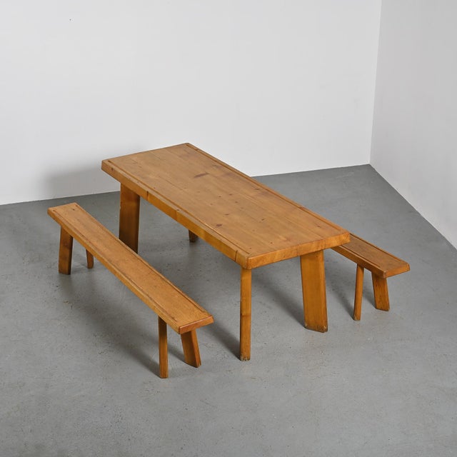 Dining Table and Benches in Larch Wood attributed to Christian Durupt, 1960, Set of 3 For Sale - Image 9 of 18