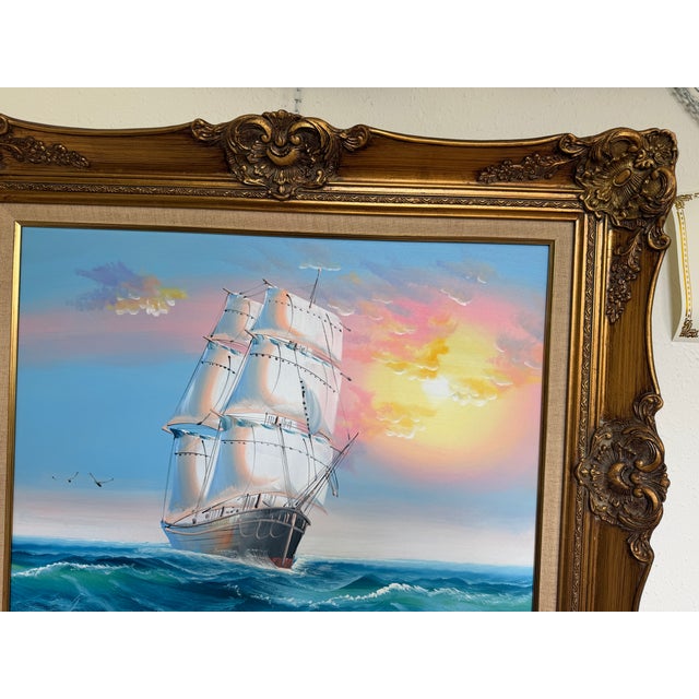 Original Marine Oil Painting Tall Ship on Open Sea Nautical Seascape Gold Frame For Sale In Jacksonville, FL - Image 6 of 11