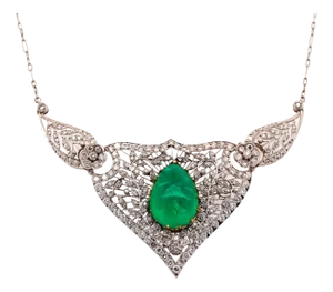 1960s 11 Carat Cabochon Drop Emerald and Diamond Floral Filigree Platinum Necklace