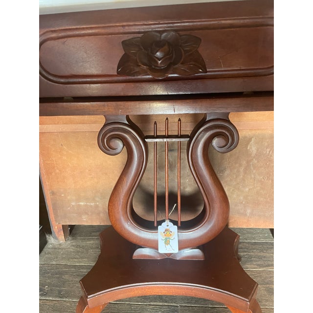 American 1950s Marble Top Mahogany Lyre Shaped Side Table With Drawer For Sale - Image 3 of 12