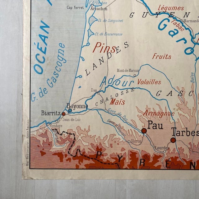 Modern Vintage School Map of Aquitaine Basin / Mediterranean South, 1950s For Sale - Image 3 of 10