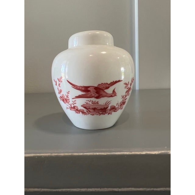 Small ginger jar by Spode of England. Red transferware pattern of pheasant birds and flowers adorn this cute little jar.