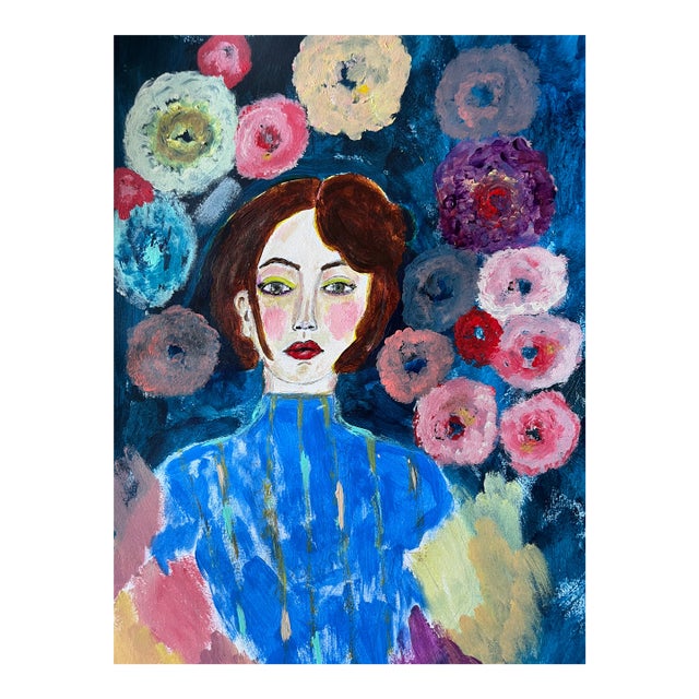 "Scarlett" Abstract Acrylic Painting Portrait of a Woman Surrounded by Flowers by Artist Nadia Nabhan For Sale