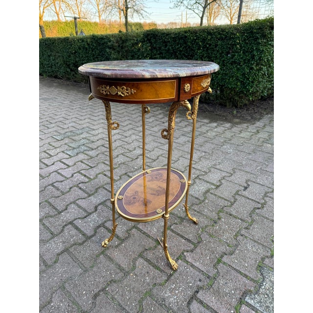 French 1980 French Louis XVI Gold Mahogany Marble Side Tables 2pc For Sale - Image 3 of 17
