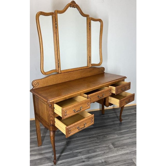 Vintage French Louis Style Oak Dressing Table with Mirror For Sale - Image 11 of 14