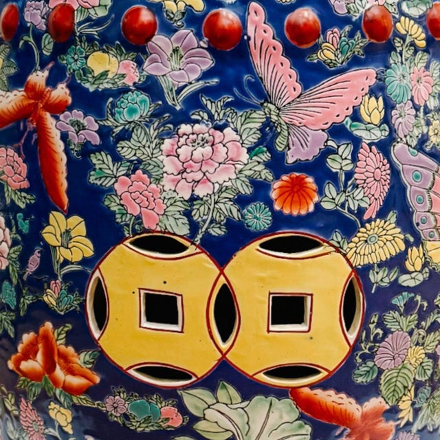 Mid 20th Century Chinese Famille Rose Cobalt Blue Millefleurs & Butterfly Porcelain Garden Stool For Sale In San Diego - Image 6 of 10