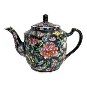 Vintage Chinese Millefleur Famille Noire Enamel Teapot With Lid