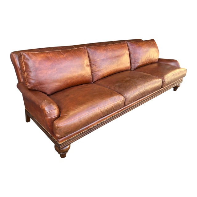 1970s English Traditional Light Brown Leather Sofa With Nail Head Trim & Carved 6-Leg Base For Sale In Los Angeles - Image 6 of 16