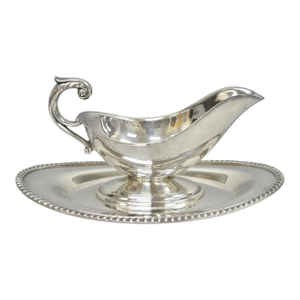 Vintage Crescent Victorian Silver Plated Gravy Sauce Boat on Attached Dish Plate