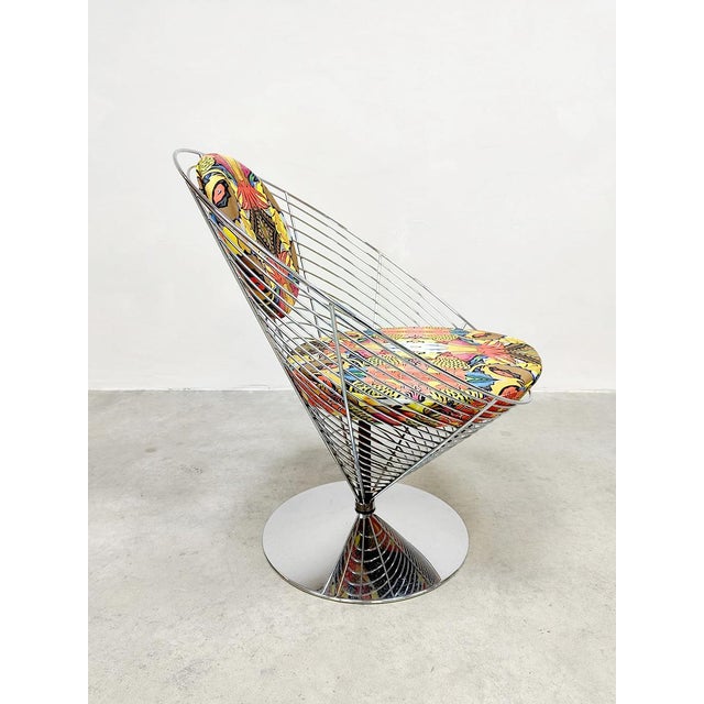 Fritz Hansen Vintage Wire Cone Easy Chair Alpha Owl Print by Verner Panton for Fritz Hansen, 1980s For Sale - Image 4 of 7
